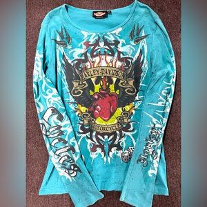 Women’s Sacred Heart Y2K Tribal Vintage Harley Davidson Bling Long Sleeve Shirt